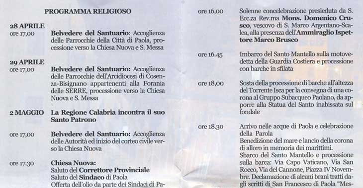 �Festeggiamenti in Onore di San Francesco di Paola - Programma Religioso�